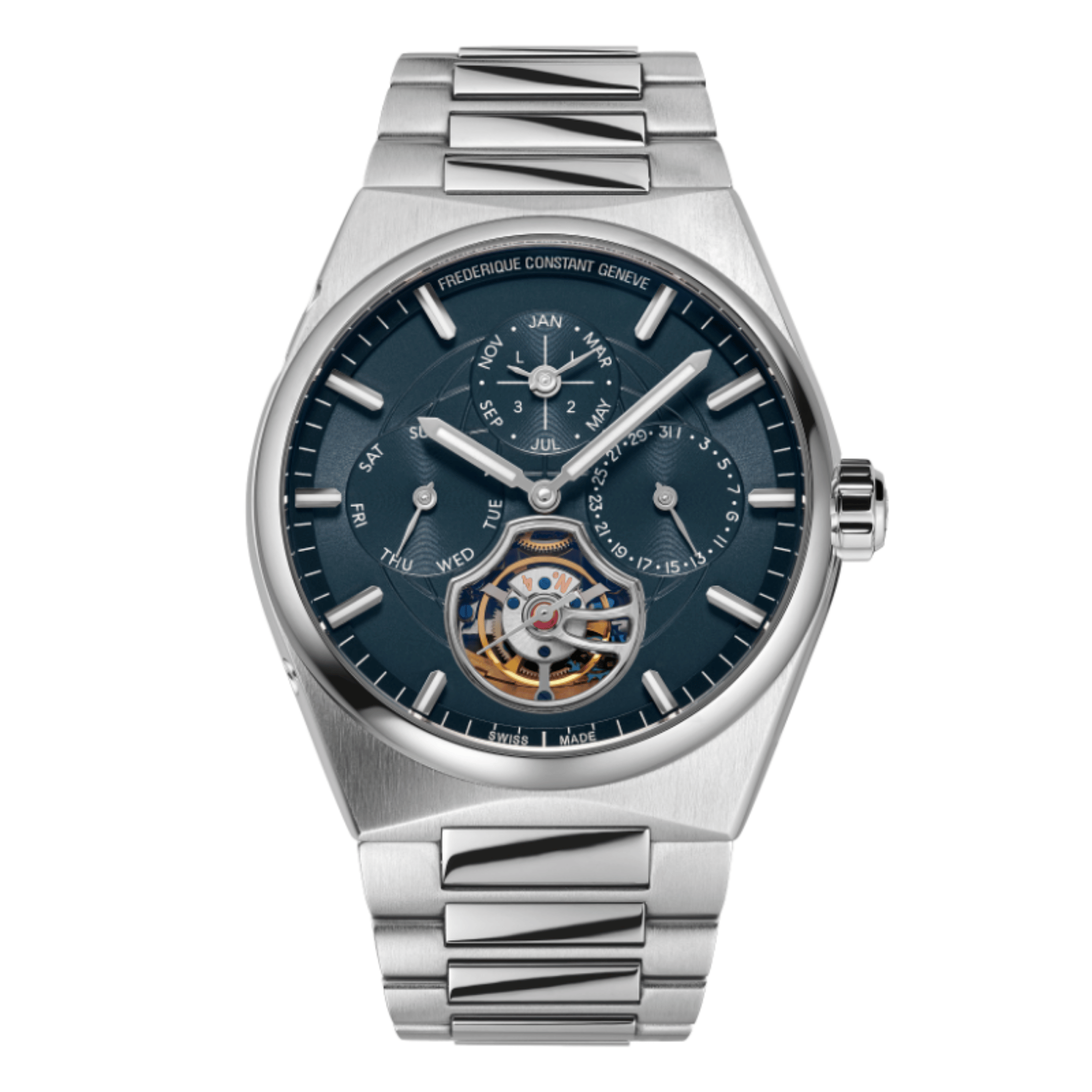 Montre Frédérique Constant Highlife Tourbillon Perpetual Calendar Manufacture automatique cadran bleu bracelet acier 41 mm