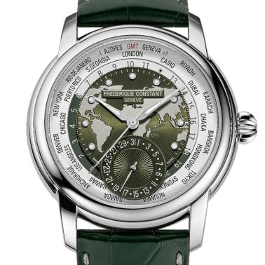 Montre Frédérique Constant Classics Worldtimer Manufacture Automatique cadran vert bracelet cuir 42 mm