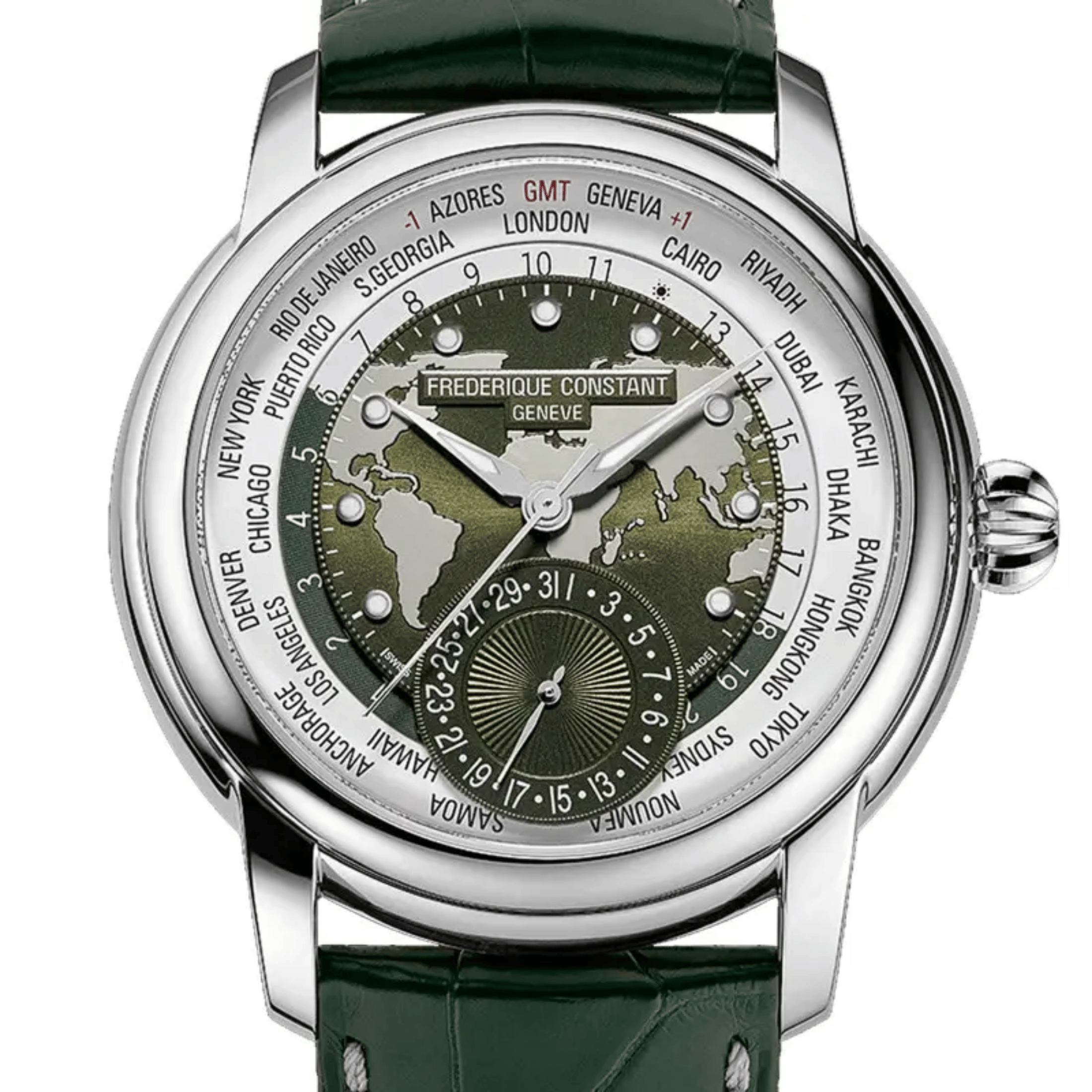 Montre Frédérique Constant Classics Worldtimer Manufacture Automatique cadran vert bracelet cuir 42 mm