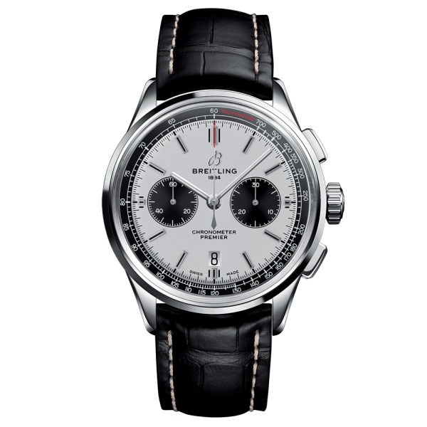 Montre Breitling Premier B01 chronograph cadran argenté Panda bracelet croco noir 42 mm