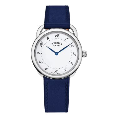 HERMÈS Arceau Large Model quartz watch white lacquered dial blue leather strap 36 mm