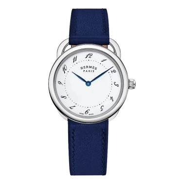HERMÈS Arceau Large Model quartz watch white lacquered dial blue leather strap 36 mm