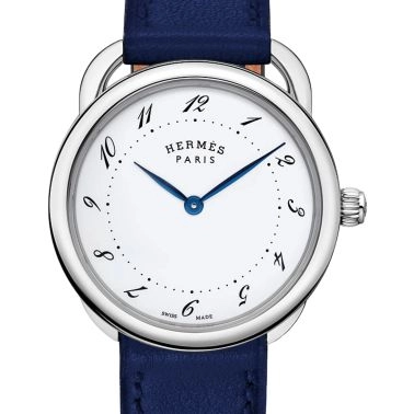 Montre HERMÈS Arceau Grand Modèle quartz cadran laqué blanc bracelet cuir bleu 36 mm
