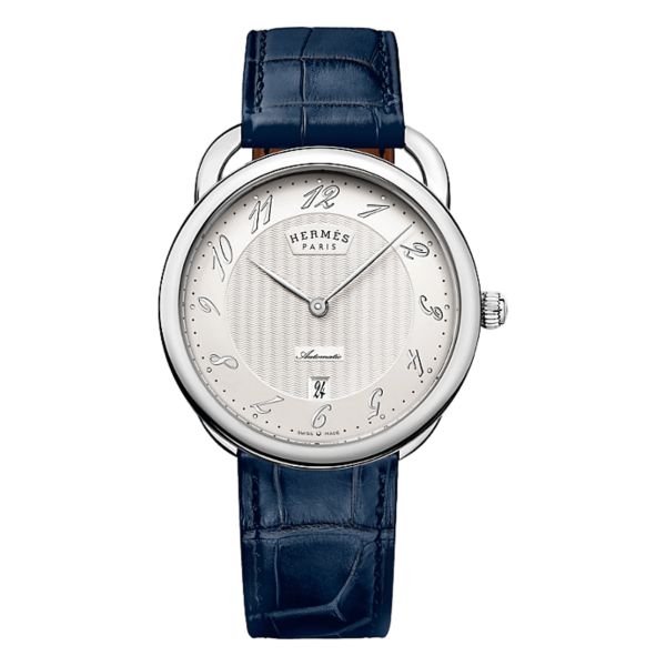 HERMÈS Arceau Large Model Automatic silver dial blue leather strap 40 mm