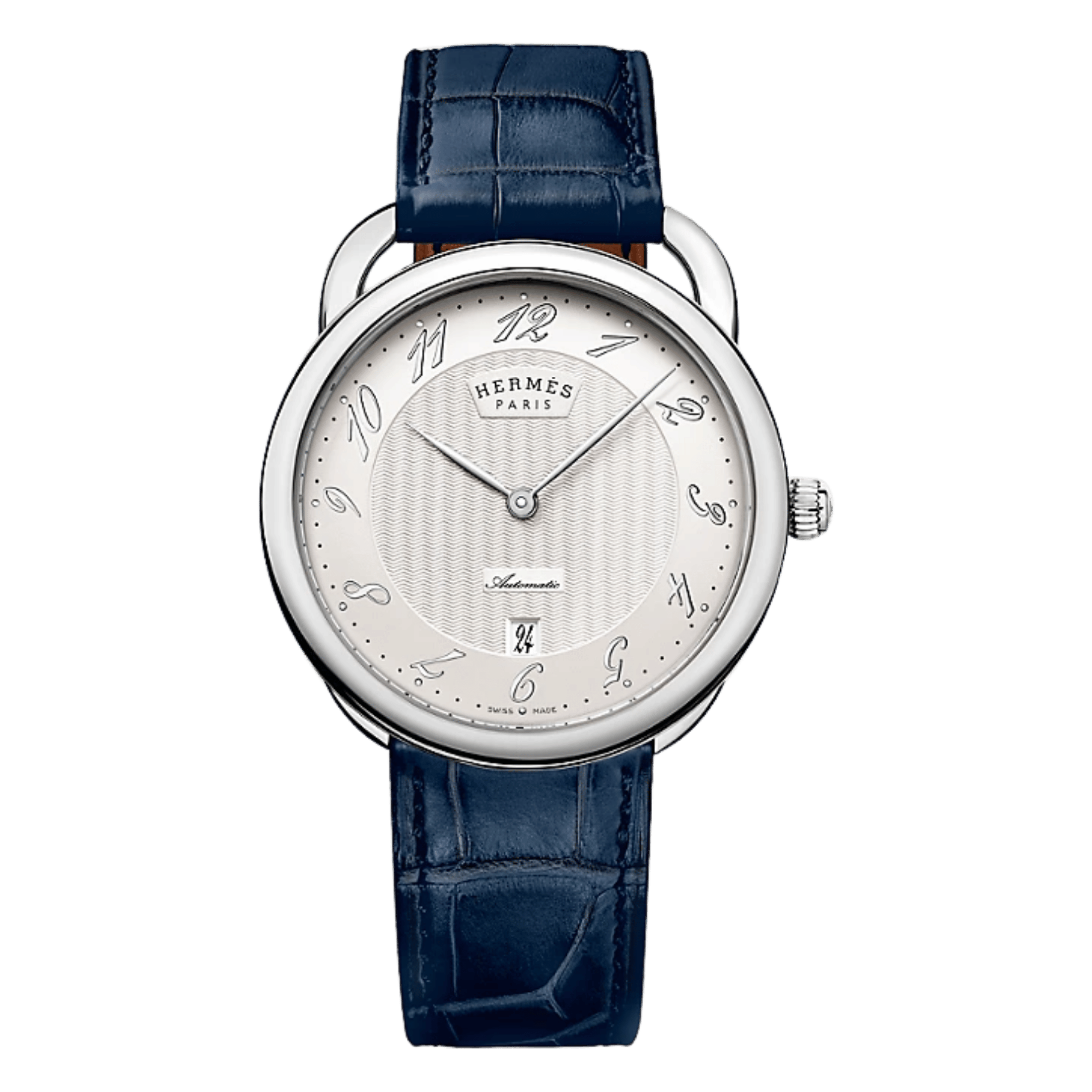 Montre HERMÈS Arceau Grand Modèle automatique cadran argenté bracelet cuir bleu 40 mm