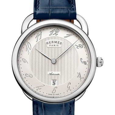 Montre HERMÈS Arceau Grand Modèle automatique cadran argenté bracelet cuir bleu 40 mm