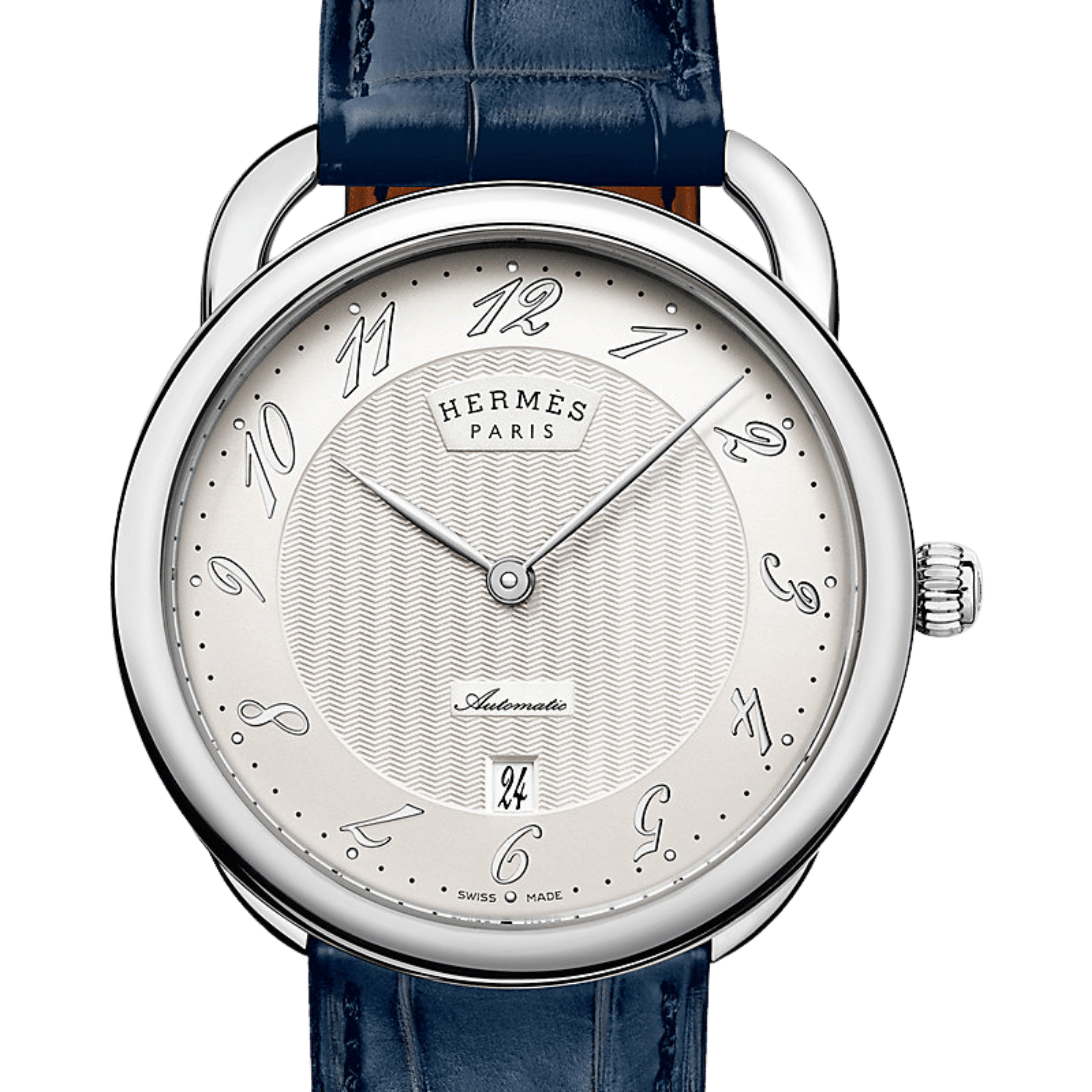 Montre HERMÈS Arceau Grand Modèle automatique cadran argenté bracelet cuir bleu 40 mm