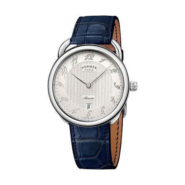 HERMÈS Arceau Large Model Automatic silver dial blue leather strap 40 mm