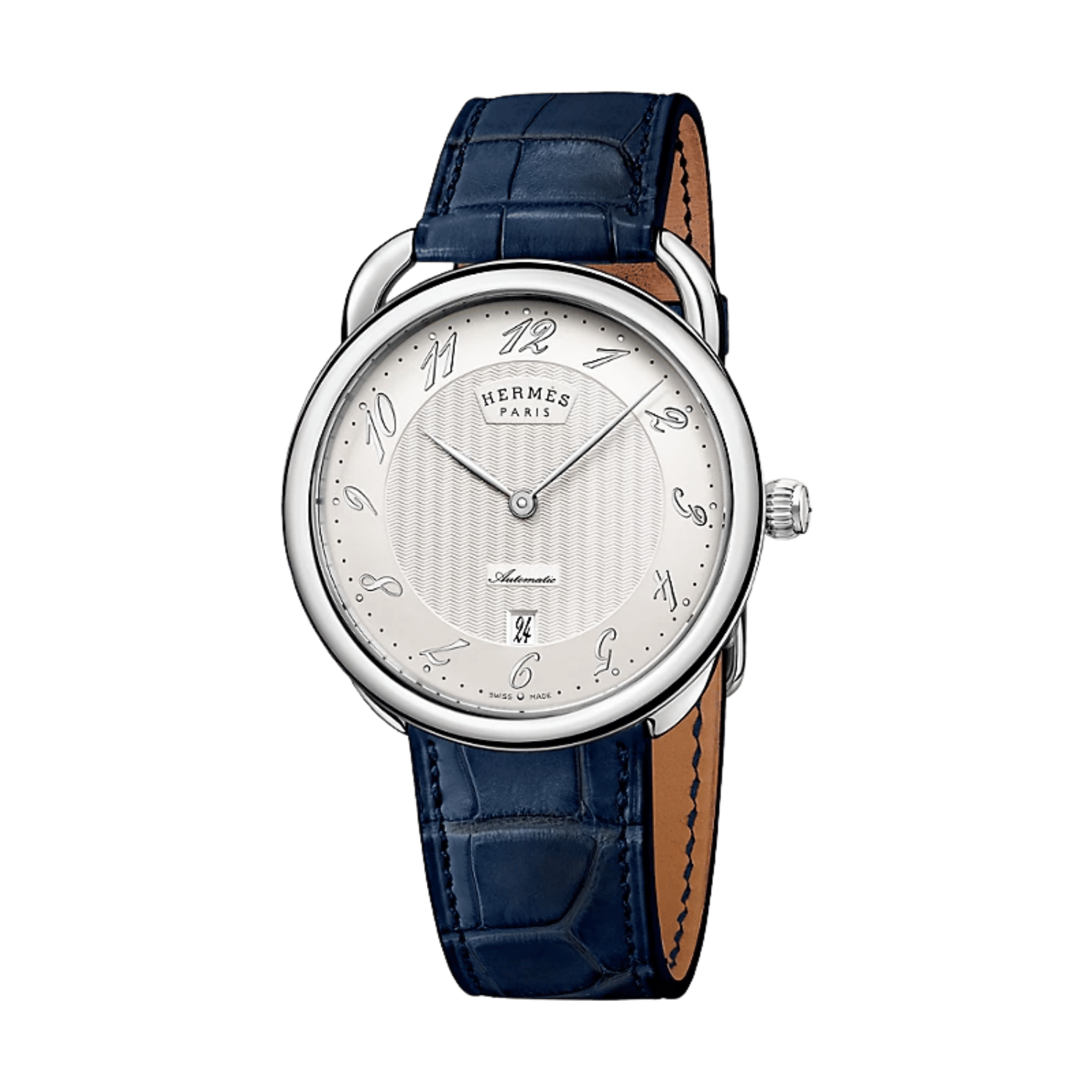 HERMÈS Arceau Large Model Automatic silver dial blue leather strap 40 mm