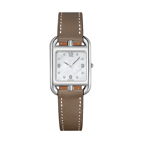 HERMÈS Cape Cod Small Model quartz silver dial taupe leather strap 31 mm