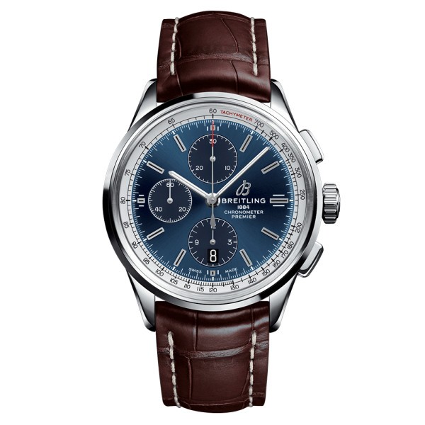 Montre Breitling Premier B13 chronograph cadran bleu bracelet croco brun 42 mm