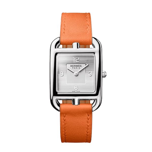 HERMÈS Cape Cod Small Model quartz silver dial orange leather strap 31 mm