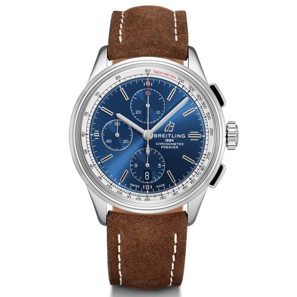 Montre Breitling Premier B13 chronograph cadran bleu bracelet nubuck brun 42 mm