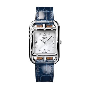 Montre HERMÈS Cape Cod Petit Modèle Sertie quartz cadran nacre bracelet cuir bleu 31 mm