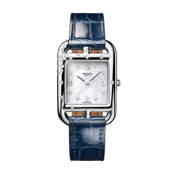 HERMÈS Cape Cod Small Model Diamond-Set quartz mother-of-pearl dial blue leather strap 31 mm