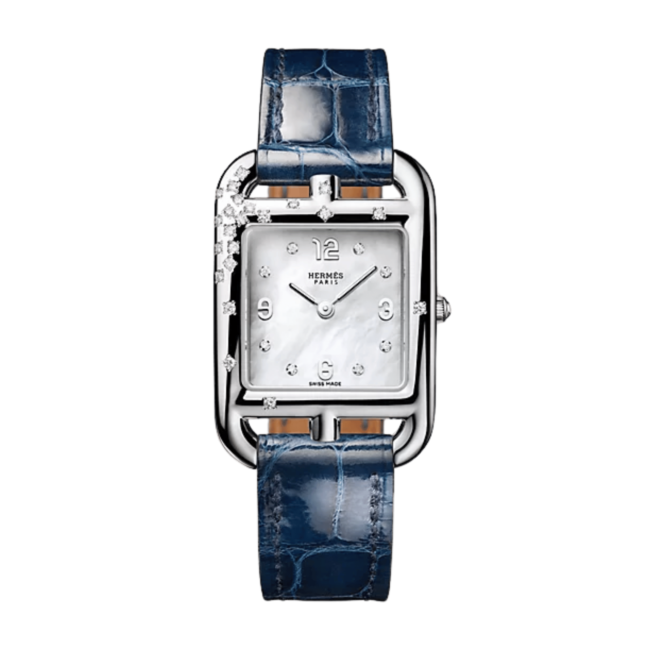 Montre HERMÈS Cape Cod Petit Modèle Sertie quartz cadran nacre bracelet cuir bleu 31 mm