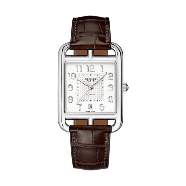 Montre HERMÈS Cape Cod Automatique Manufacture cadran argenté bracelet cuir marron 41 mm