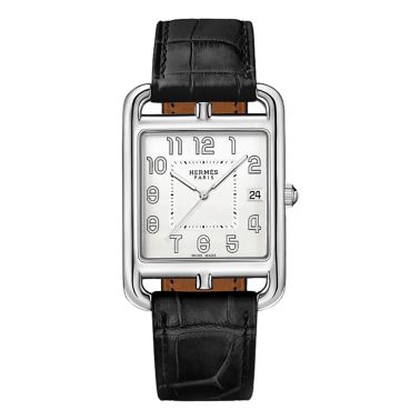 Montre HERMÈS Cape Cod Quartz cadran argenté bracelet cuir noir 41 mm
