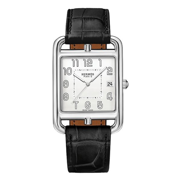 HERMÈS Cape Cod Quartz silver dial black leather strap 41 mm