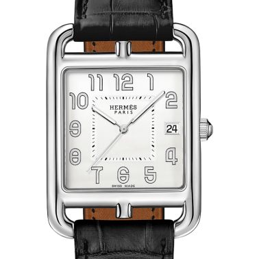 Montre HERMÈS Cape Cod Quartz cadran argenté bracelet cuir noir 41 mm