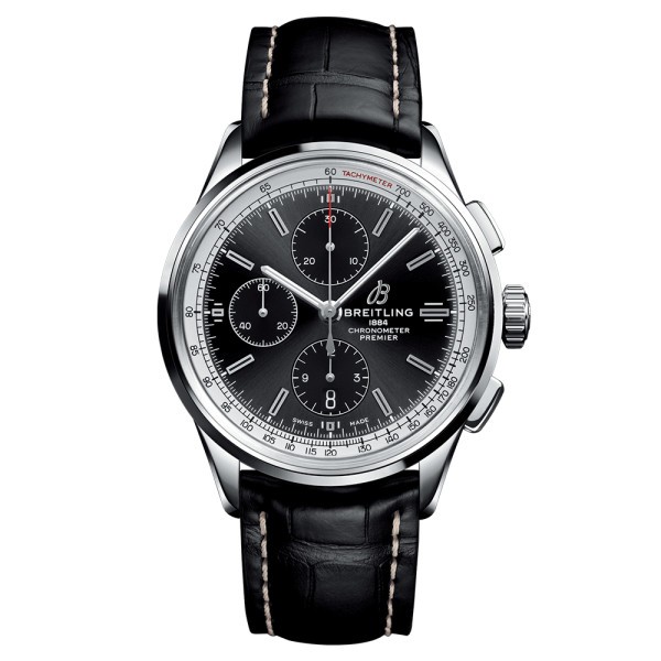 Montre Breitling Premier B13 chronograph cadran noir bracelet croco noir 42 mm