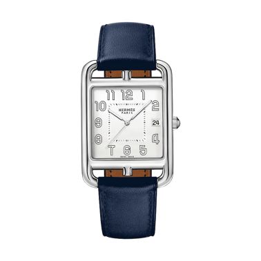 HERMÈS Cape Cod Quartz silver dial blue leather strap 41 mm