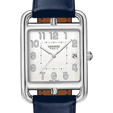 HERMÈS Cape Cod Quartz silver dial blue leather strap 41 mm