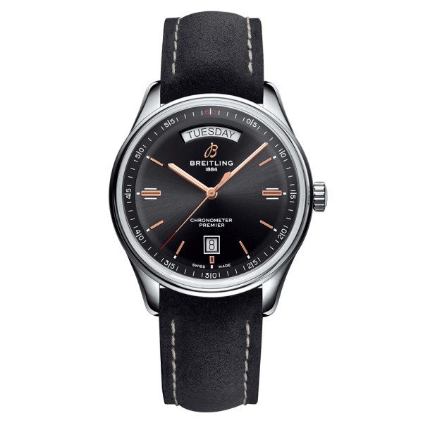 Montre Breitling Premier Automatic Day Date B45 cadran noir bracelet nubuck anthracite 40 mm