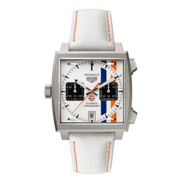 Montre TAG Heuer Monaco Chronograph x Gulf "Édition limitée 2025" Calibre 11 Titane automatique cadran blanc bracelet cuir 39 mm