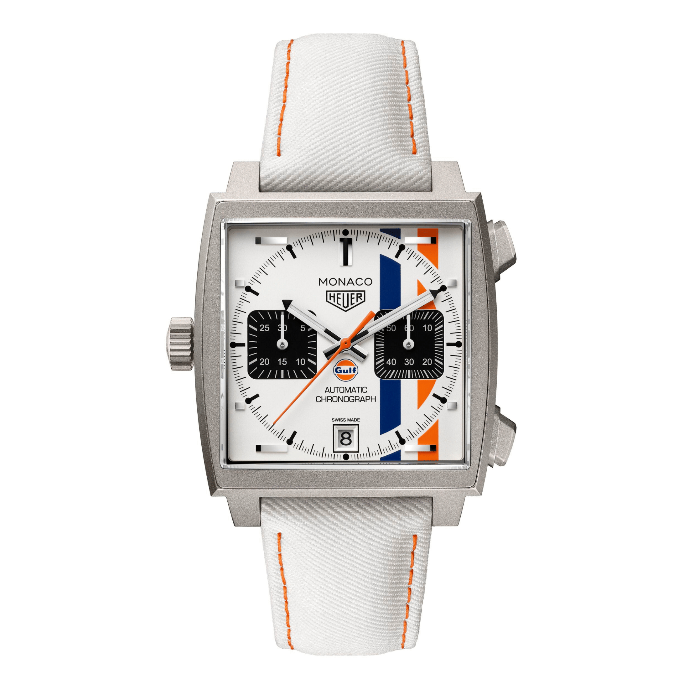 Montre TAG Heuer Monaco Chronograph x Gulf "Édition limitée 2025" Calibre 11 Titane automatique cadran blanc bracelet cuir 39 mm
