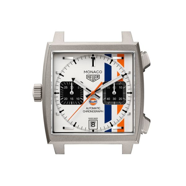 Montre TAG Heuer Monaco Chronograph x Gulf "Édition limitée 2025" Calibre 11 Titane automatique cadran blanc bracelet cuir 39 mm