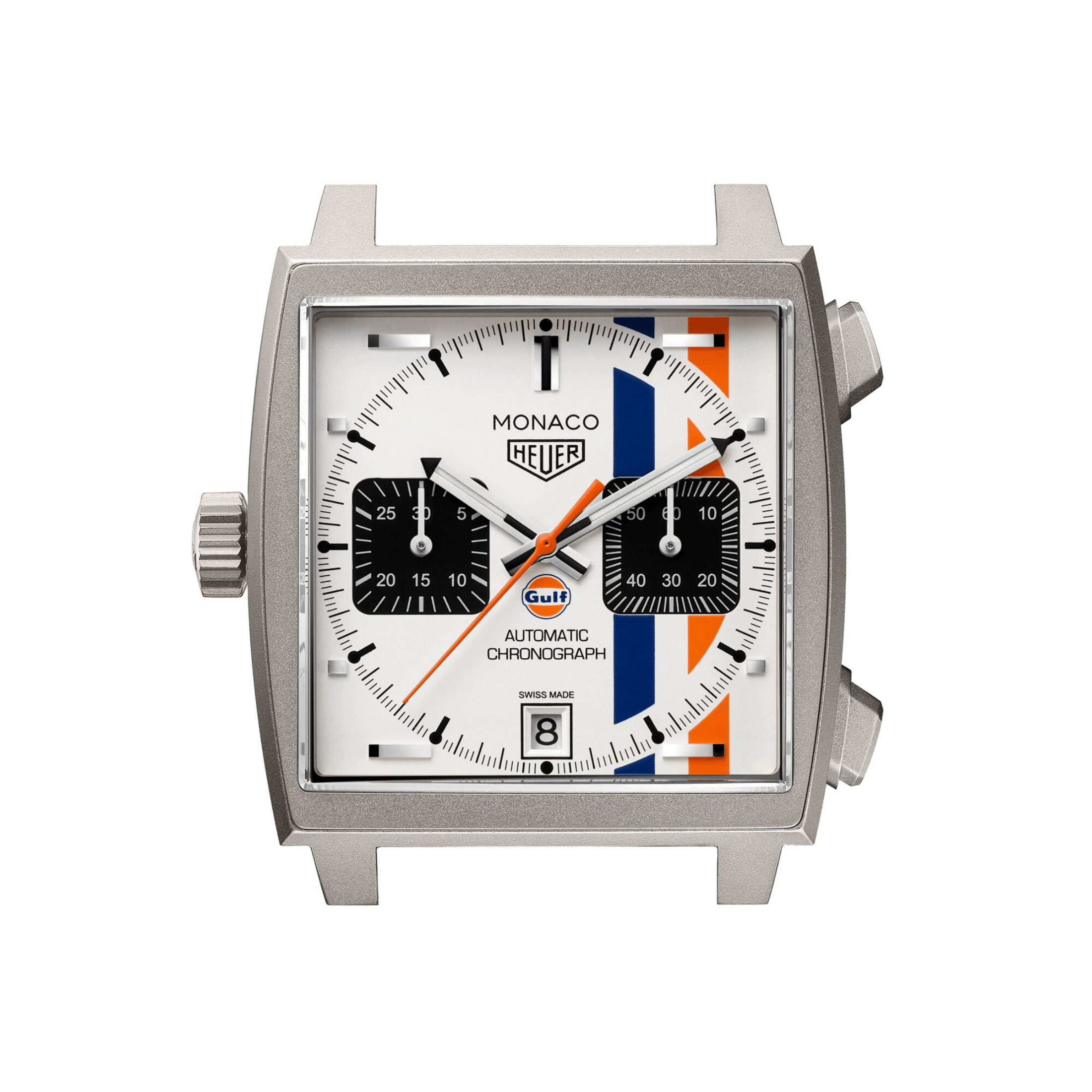 Montre TAG Heuer Monaco Chronograph x Gulf "Édition limitée 2025" Calibre 11 Titane automatique cadran blanc bracelet cuir 39 mm