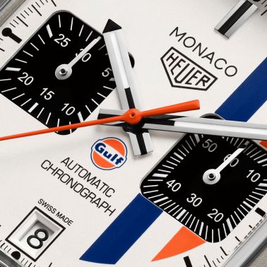 Montre TAG Heuer Monaco Chronograph x Gulf "Édition limitée 2025" Calibre 11 Titane automatique cadran blanc bracelet cuir 39 mm