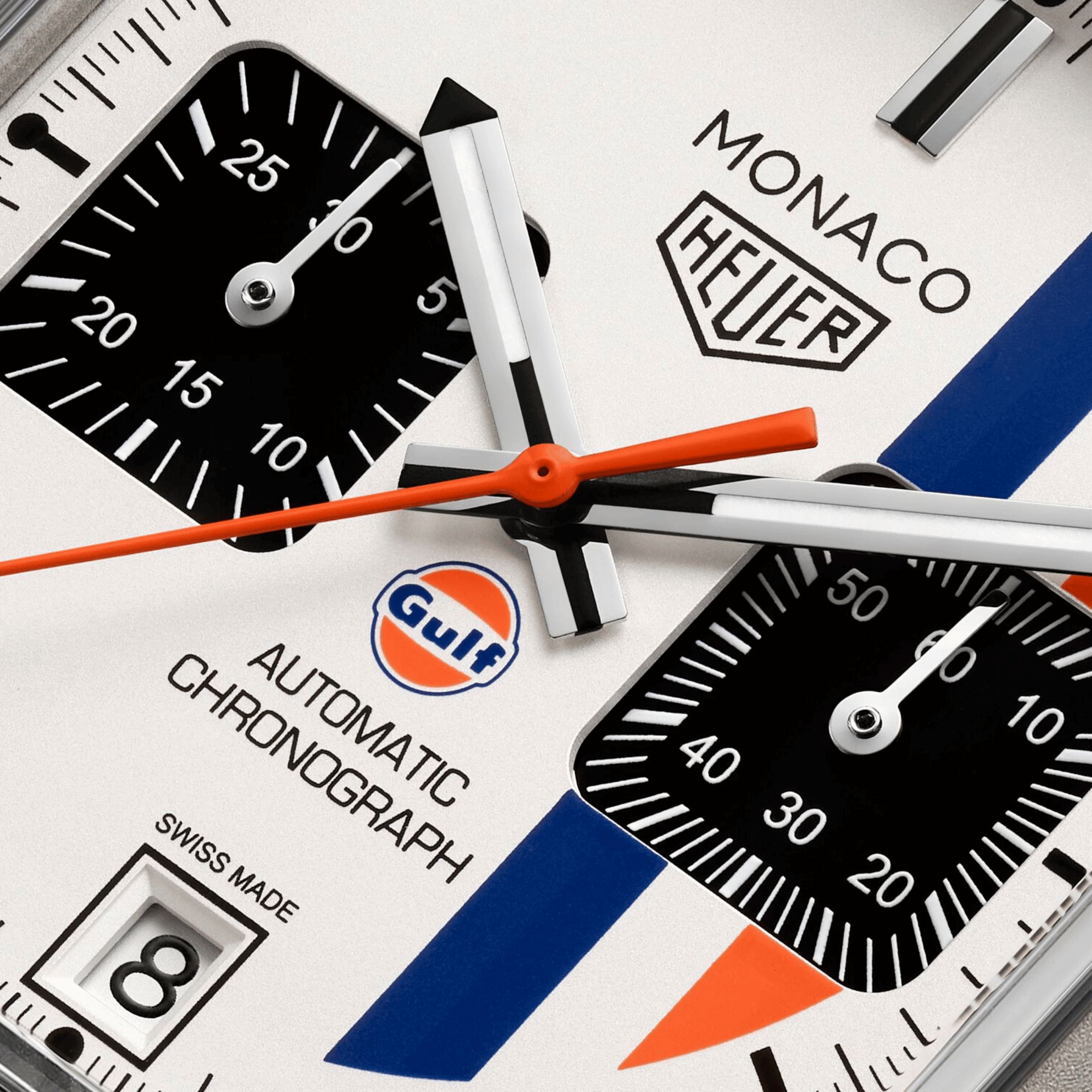 Montre TAG Heuer Monaco Chronograph x Gulf "Édition limitée 2025" Calibre 11 Titane automatique cadran blanc bracelet cuir 39 mm
