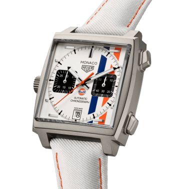 Montre TAG Heuer Monaco Chronograph x Gulf "Édition limitée 2025" Calibre 11 Titane automatique cadran blanc bracelet cuir 39 mm