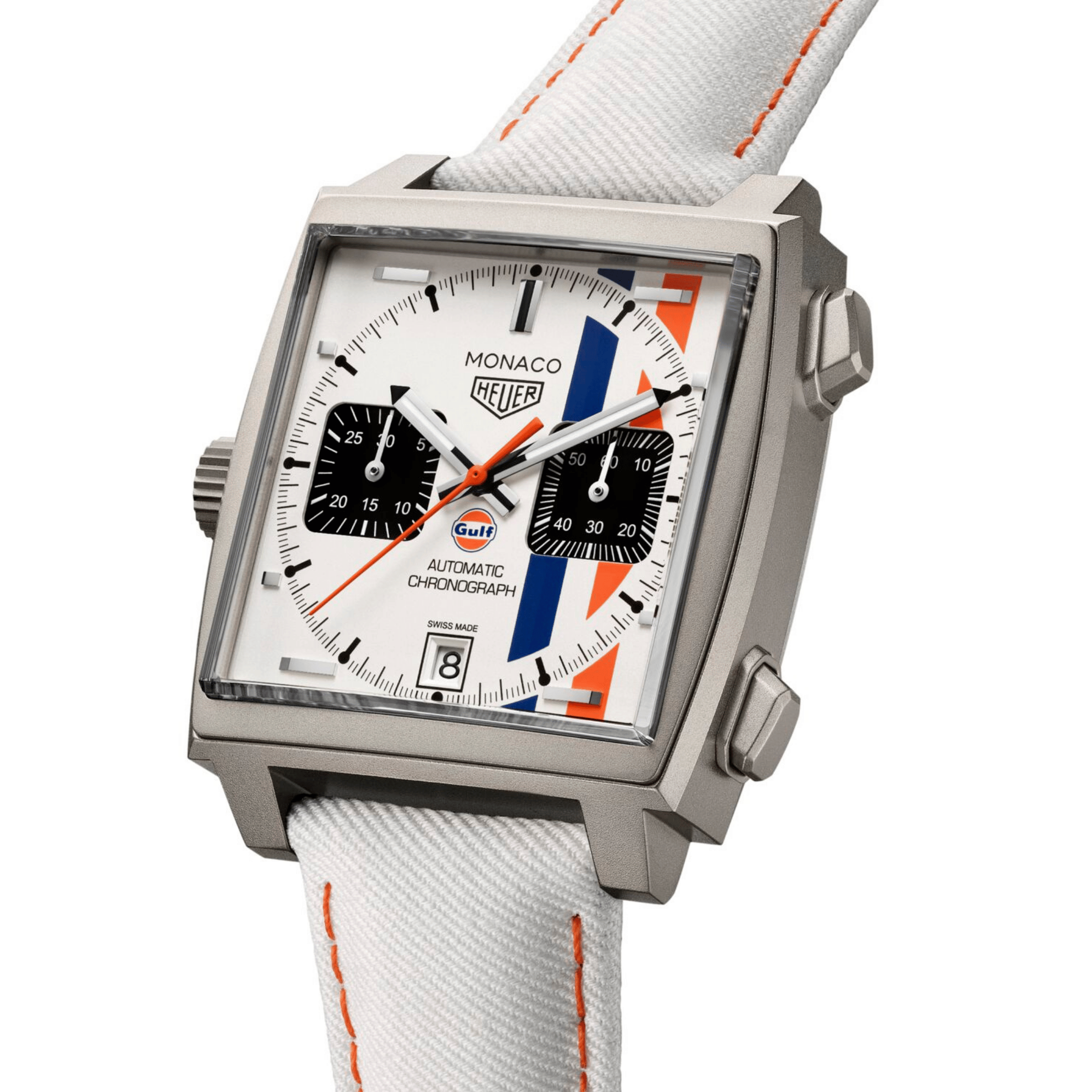 Montre TAG Heuer Monaco Chronograph x Gulf "Édition limitée 2025" Calibre 11 Titane automatique cadran blanc bracelet cuir 39 mm