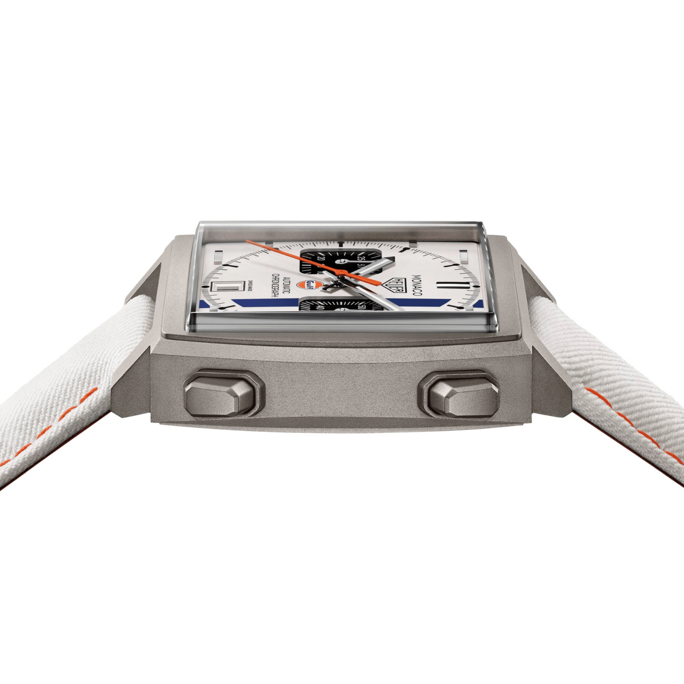 Montre TAG Heuer Monaco Chronograph x Gulf "Édition limitée 2025" Calibre 11 Titane automatique cadran blanc bracelet cuir 39 mm