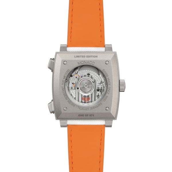 Montre TAG Heuer Monaco Chronograph x Gulf "Édition limitée 2025" Calibre 11 Titane automatique cadran blanc bracelet cuir 39 mm