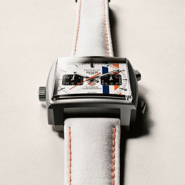 Montre TAG Heuer Monaco Chronograph x Gulf "Édition limitée 2025" Calibre 11 Titane automatique cadran blanc bracelet cuir 39 mm