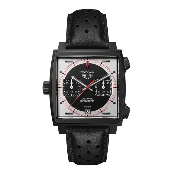 Montre TAG Heuer Monaco Chronograph "Stopwatch" Calibre 11 Titane automatique cadran noir bracelet cuir 39 mm