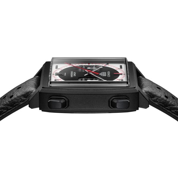 Montre TAG Heuer Monaco Chronograph "Stopwatch" Calibre 11 Titane automatique cadran noir bracelet cuir 39 mm