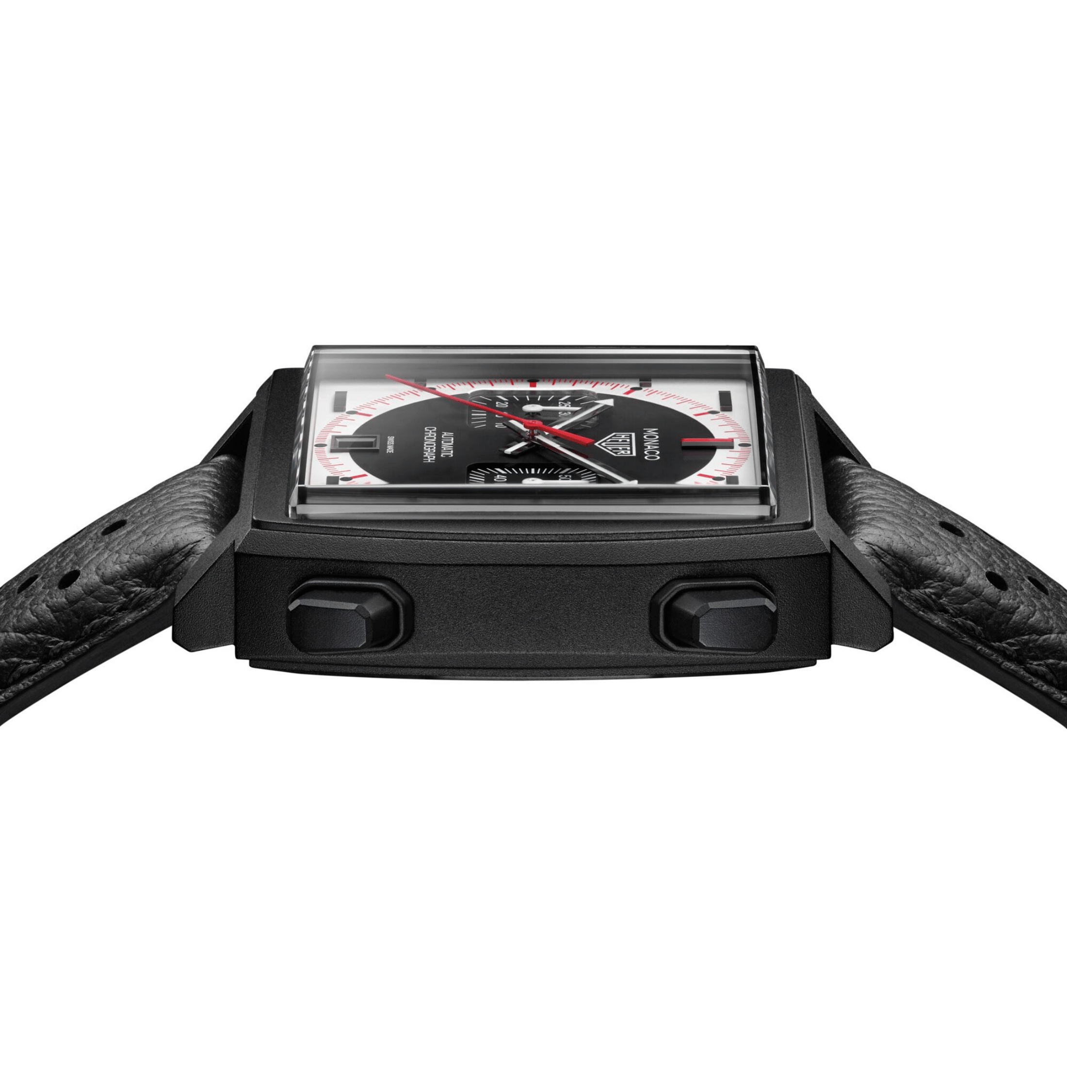 Montre TAG Heuer Monaco Chronograph "Stopwatch" Calibre 11 Titane automatique cadran noir bracelet cuir 39 mm
