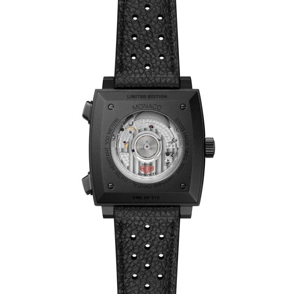 Montre TAG Heuer Monaco Chronograph "Stopwatch" Calibre 11 Titane automatique cadran noir bracelet cuir 39 mm