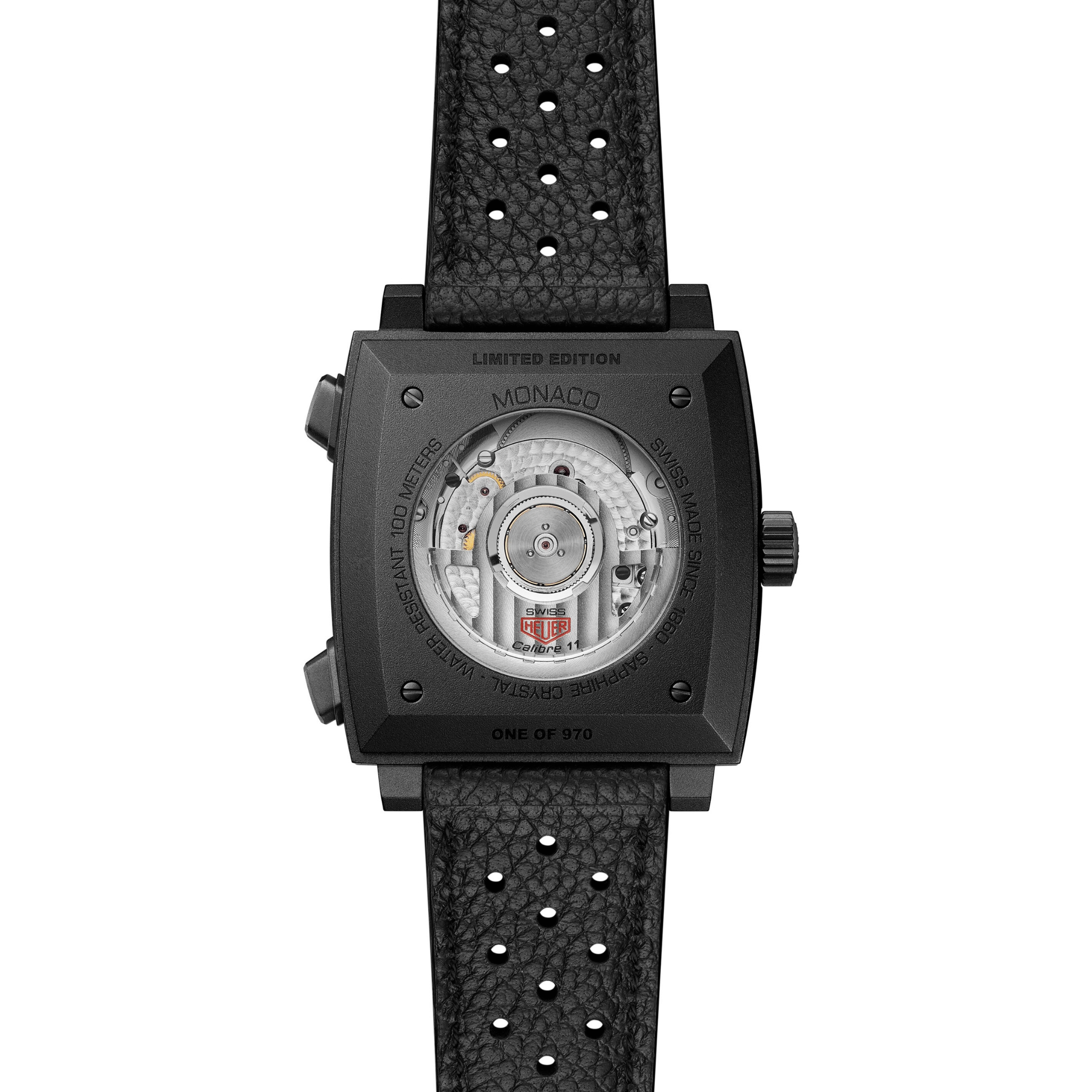 Montre TAG Heuer Monaco Chronograph "Stopwatch" Calibre 11 Titane automatique cadran noir bracelet cuir 39 mm