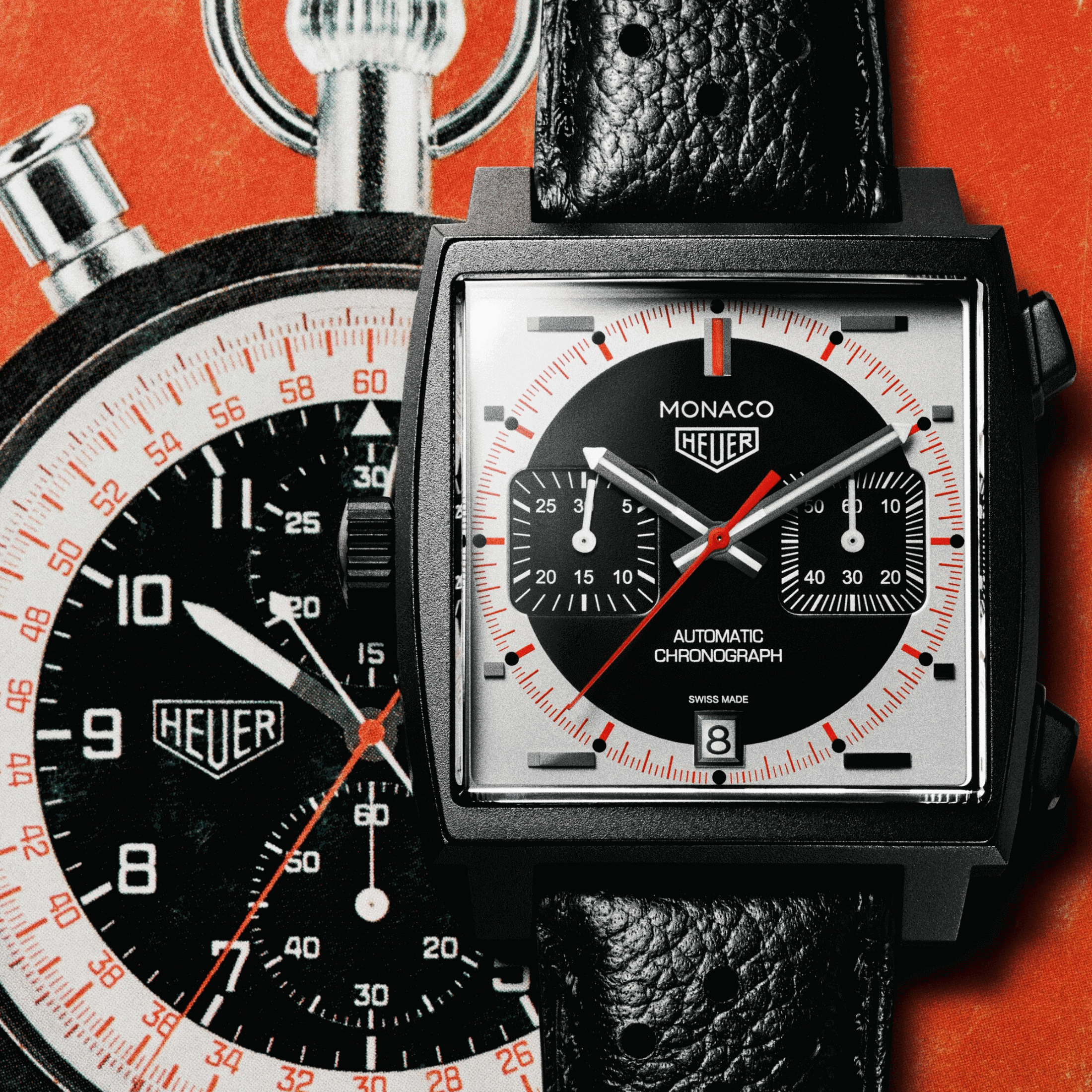 Montre TAG Heuer Monaco Chronograph "Stopwatch" Calibre 11 Titane automatique cadran noir bracelet cuir 39 mm