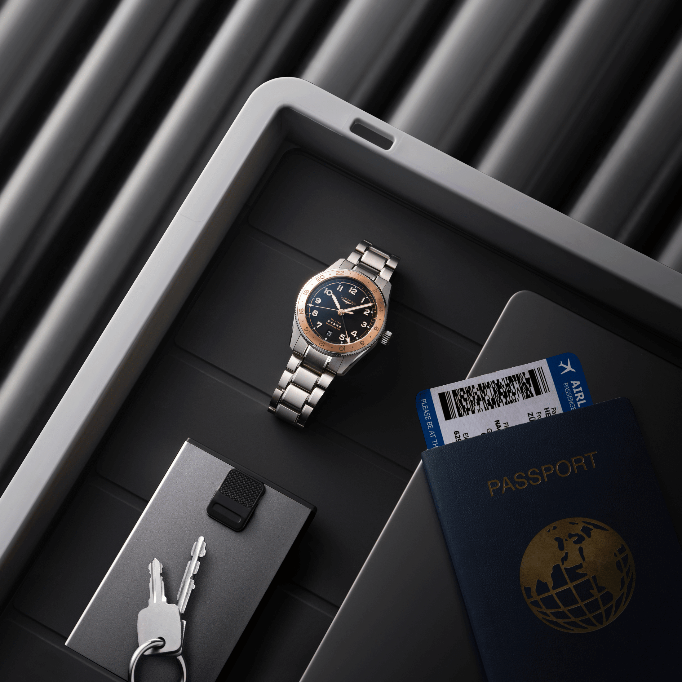 Longines Spirit Zulu Time 1925 automatic rose gold bezel black dial steel bracelet 39 mm