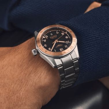 Longines Spirit Zulu Time 1925 automatic rose gold bezel black dial steel bracelet 39 mm