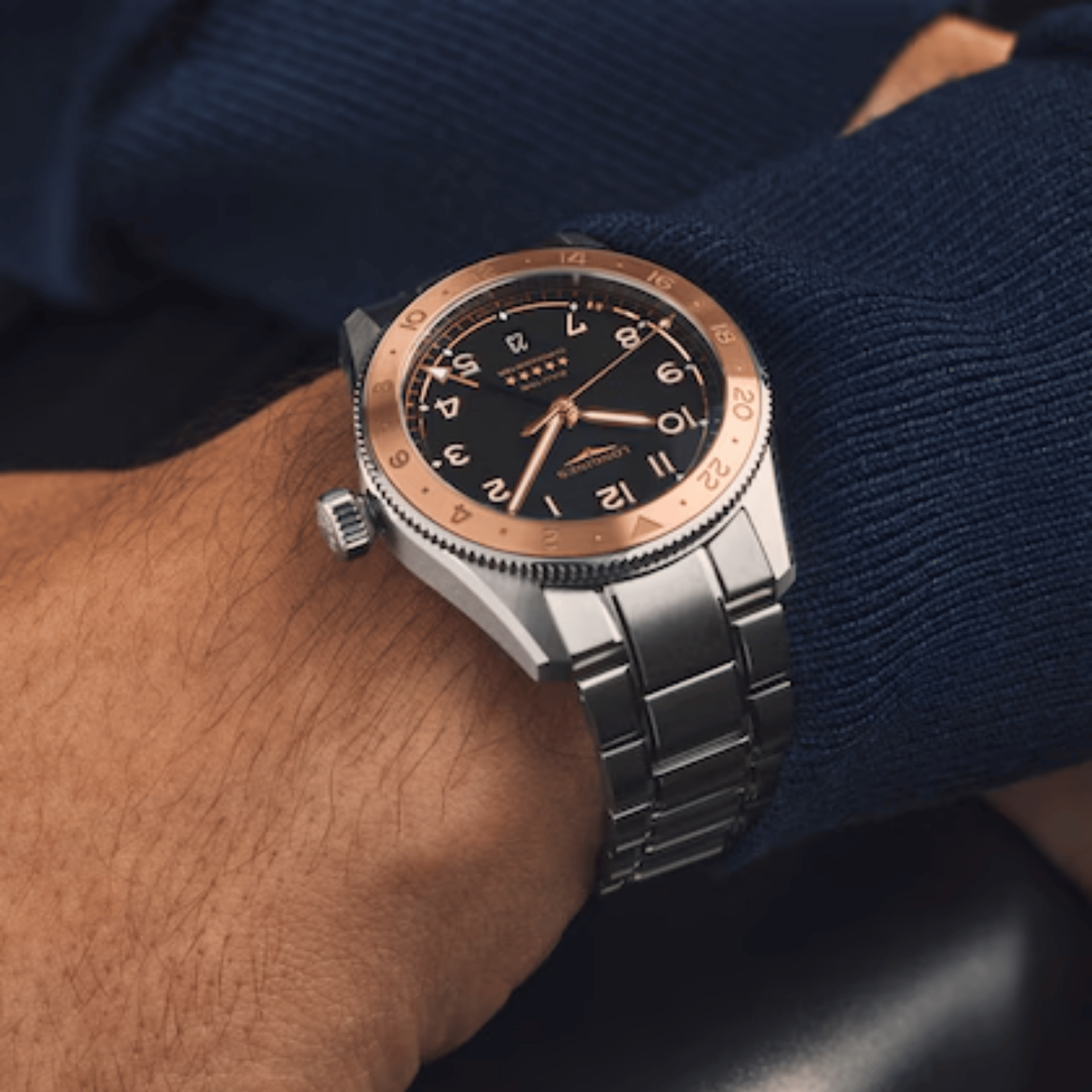 Longines Spirit Zulu Time 1925 automatic rose gold bezel black dial steel bracelet 39 mm