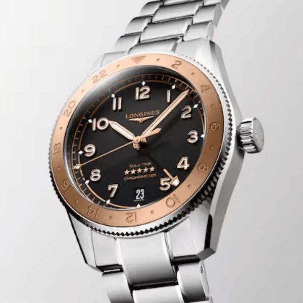 Longines Spirit Zulu Time 1925 automatic rose gold bezel black dial steel bracelet 39 mm