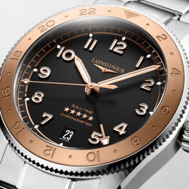 Longines Spirit Zulu Time 1925 automatic rose gold bezel black dial steel bracelet 39 mm